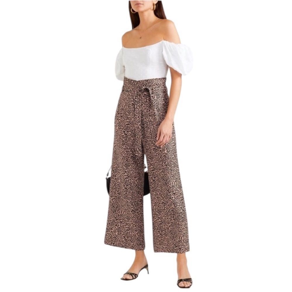 Reformation Women’s Linen Wide Leg Animal Print Trousers with Tie Waist sz 0